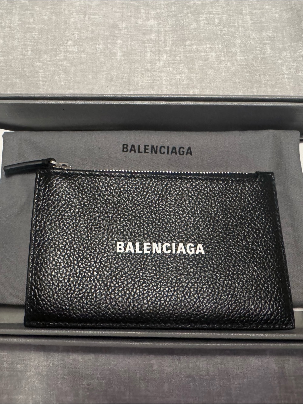 Balenciaga Black Pebbled Leather Logo Zip Card Pouch